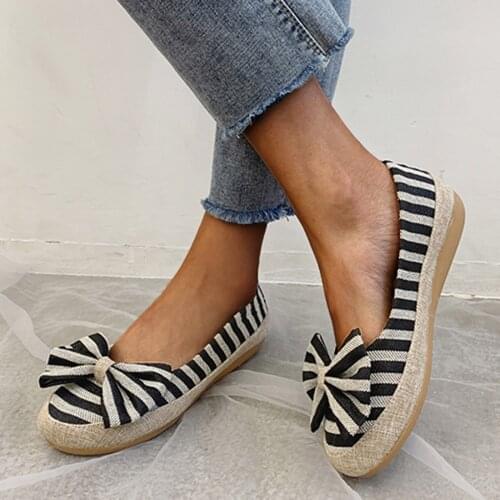 Fashion Womens Casual Shoes Loafers Stripe Bow Comfortable Breathable Lightweight Slip-on Flats Outdoor Leisure Walking Shoes
