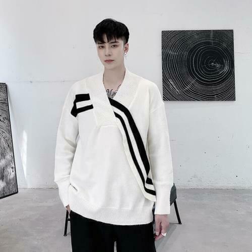 Mens Fashion Design Long Sleeve Color Matching V Neck Sweaters Youth Pullover 2021