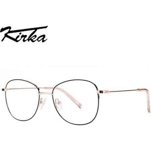 Kirka Women Cat Eye Eyeglasses Frames Metal Pink Round Eyeglasses Fashion Eyewear Optical Prescription Lens Frame Female Glasses