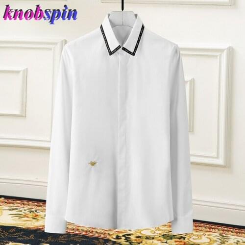 Gold Bee Embroidery Shirt men 2019 New Brand Business male dress Shirts Long sleeve Slim Chemise homme Solid Casual Camisas