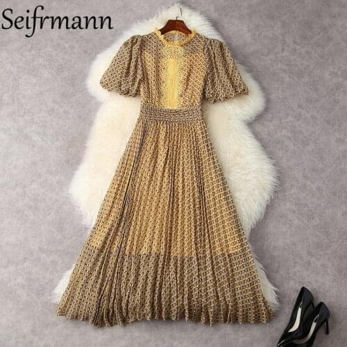 Seifrmann New 2021 Summer Women Fashion Designer Party Long Dress High Waist Lace Lantern Sleeve Vintage Print Ladies Dresses