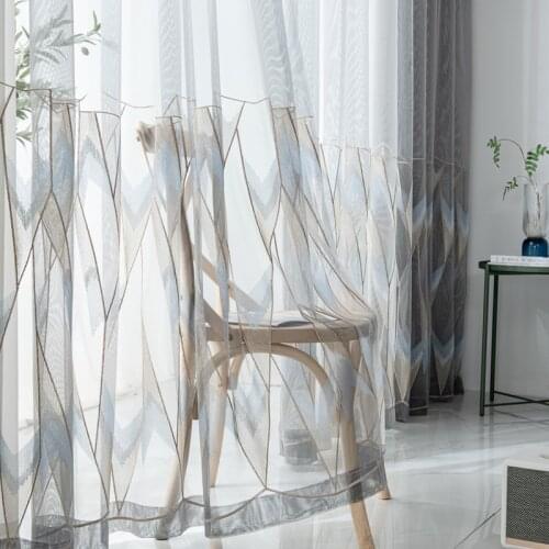 Grey Geometric Embroidered Tulle Nordic Style Simple and Modern Finished Translucent Tulle for Living Dining Room Bedroom