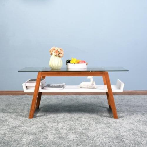 Modern Living Room Coffee Table and Side Table in Stylish Mix Glass Top with Natural Bamboo Frame and White Painted Storage Area