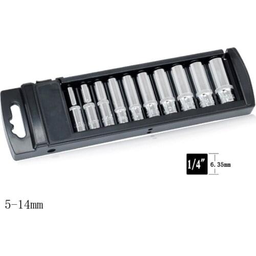 10 Pcs/set 1/4" 5-14mm CR-V Lengthened Universal Socket Wrench Head Hand Tools Inner Hexagon Spanner Allen Head Auto Repair Tool