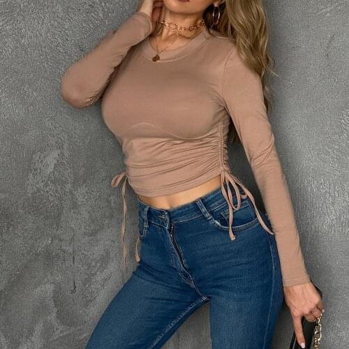 Womens Bandage Long Sleeve Summer Sexy Clothing Drawstring Streetwear Solid Color Round Neck Basic Crop Tops Tshirt