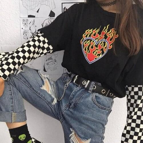Harajuku Gothic T-Shirt Heaven Hell heart Print Short Sleeve Tops Tees Ulzzang vintage chic Fashion Loose Casual Women Clothing