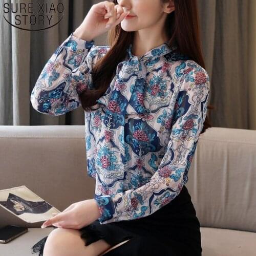 Korean Style Long Sleeve Print Women Shirt Loose Chiffon Blouse Elegant Office Lady Clothes Fashion Women Tops Blusas 8401 50