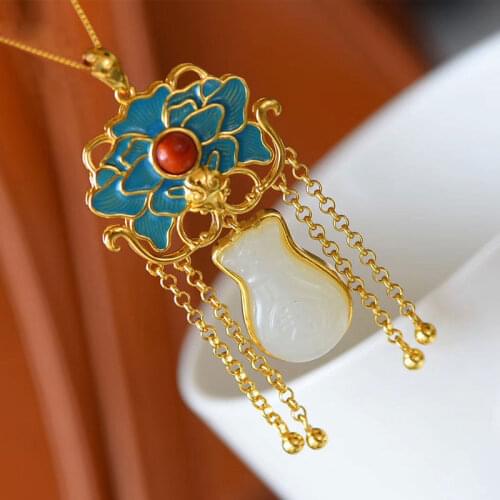 Silver inlaid natural Hotan white jade Fushou purse gourd Pendant Necklace Chinese style retro national charm womens jewelry