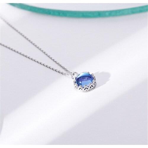 Womens Necklace S925 Sterling Silver Necklace Clavicle Chain Fashion Blue Stone Elegant Crown Necklace Jewelry Accessories Gift