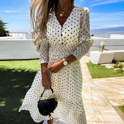 Summer Chiffon Dot Print Women Long Dress New V-neck Long Sleeve Elastic Waist Female Dresses 2021 Ladies Fashion Sweet Vestidos