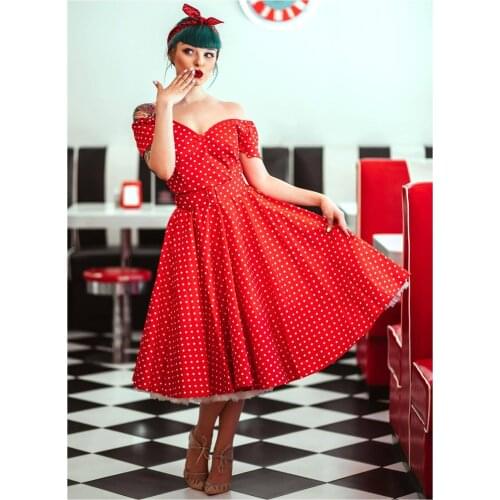 30- summer women vintage 50s polka dot circle swing dress in red plus size dresses rockabilly vestidos pin up jurken
