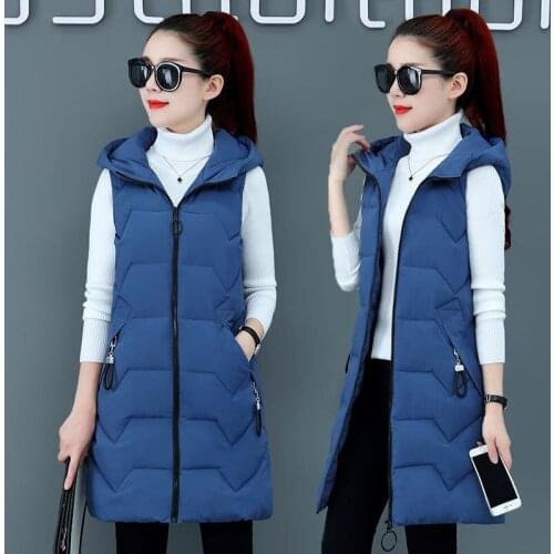 Winter Fashion Slim Cotton Padded Women Vest 2021 Plus Size Hooded Long Vest Jacket Waistcoat Warm Loose Sleeveless OutwearCoat