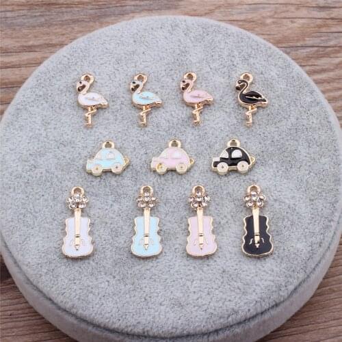 10pcs Fashion DIY enamel taxi car guitar charms for bracelet, metal alloy color flamingo pendants women dangle jewelry making