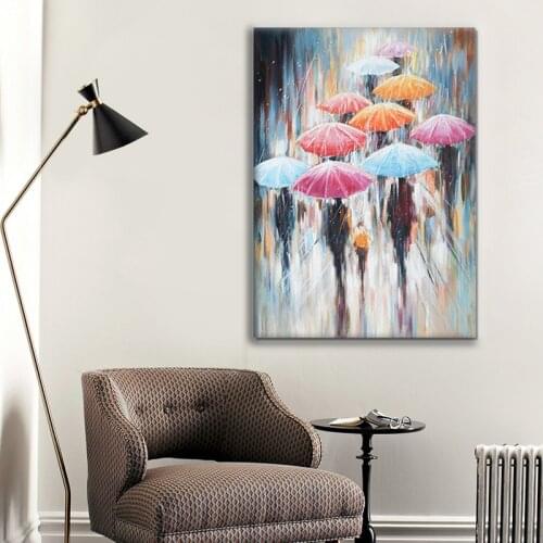 100% Hand Painted Oil Painting On Canvas Abstract People In the Rain With Colorful Umbrellas Modern Decoration For Living Room