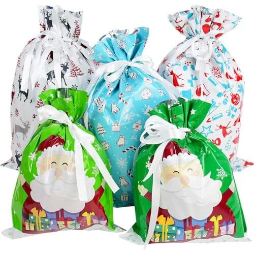 31/42cm Christmas Gift Bags 2021 Navidad Decor PVC Carton Santa Elk Drawstring Package Bag for Kids New Year Gift Present
