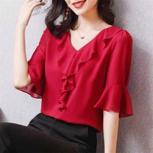 Elegant Office Lady Work Wear Shirt Women Summer Solid Short Sleeve Chiffon Blouses Yellow Black Red Blouse Tops Plus Size M-8XL