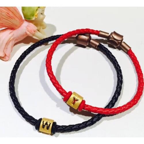 Pure 24K 999 3D Yellow Gold Bracelet For Men Women Red Weaving Knitted Loving Letter Fashion Wedding Bracelet 16-17cmL