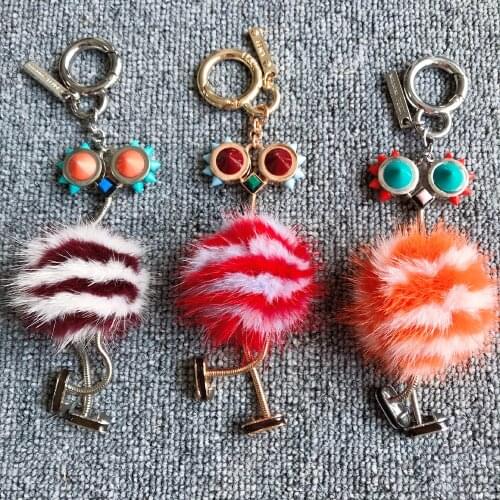 Personality Keychain Luxury Real Mink Fur robot Keyring For Womens Car Trinkets Charm Bag Pendant Accessories Chains