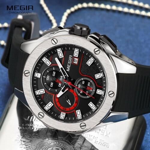MEGIR Mens Sports Quartz Watches Fashion Silicone Strap Chronograph Wristwatch for Man Luminous Hands Waterproof 2053GBK