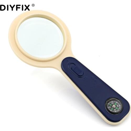 DIYFIX 5X Optical Magnifier with Compass 1LED Light Handheld Magnifying Loupe Ergonomic Handle Outdoor Survival EDC Hand Tool