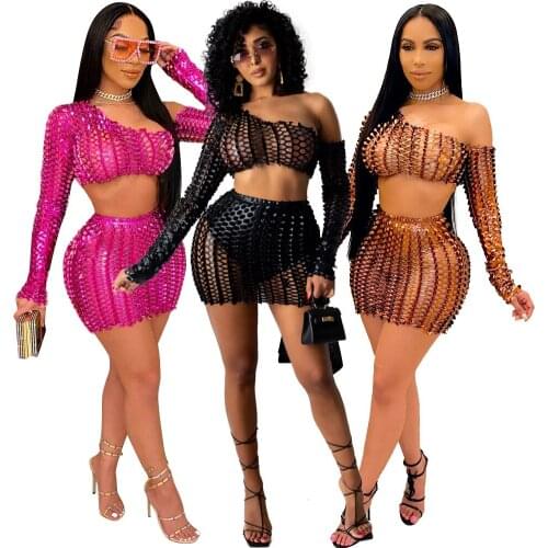 Women Set Solid Full Sleeve Skew Collar Crop Tops Sheath Elastic Mini Skirts 2 Piece Sets Sexy Night Party Dress Summer