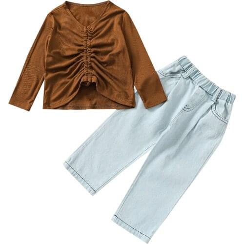 2-6Years Girl’s T-shirt and Trousers Suit Fashion Solid Color Drawstring Long Sleeve Tops and Denim Pants