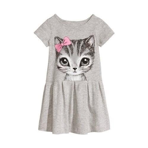 1- 7 years New summer girl dress cat print grey pink baby girl dress children clothing children dress