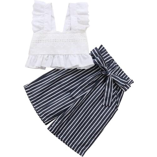 Hot New Summer Fashion Toddler Baby Girls Clothes Sets 2PCS Sleeveless White Lace Floral Vest Tops Striped Wide Leg Pants