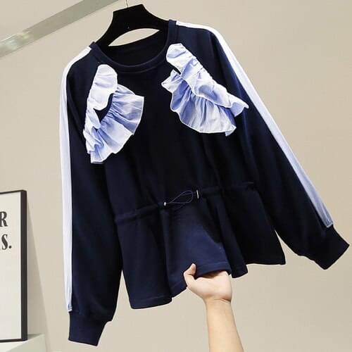 Fashion Ruffles Drawstring Waist Pullover Womans Color Contrast Patchwork Temperament Lady Hoodie Loose Sweatshirt