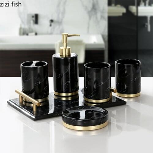 Marble Texture Bathroom Set Shower Gel Bottle Mouthwash Cup Toothbrush Holder Soap Dishes White Black Ceramic Bath Supplies Sets