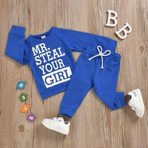 New Fashion Toddler Kids Baby Boy Clothes Long Sleeve blue letter T-shirt + Solid color pants Children Clothes 1-7Y L1125