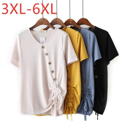 New 2021 Ladies Summer Plus Size Tops For Women Large Short Sleeve Loose Viscose Button Beige V-neck T-shirt 3XL 4XL 5XL 6XL