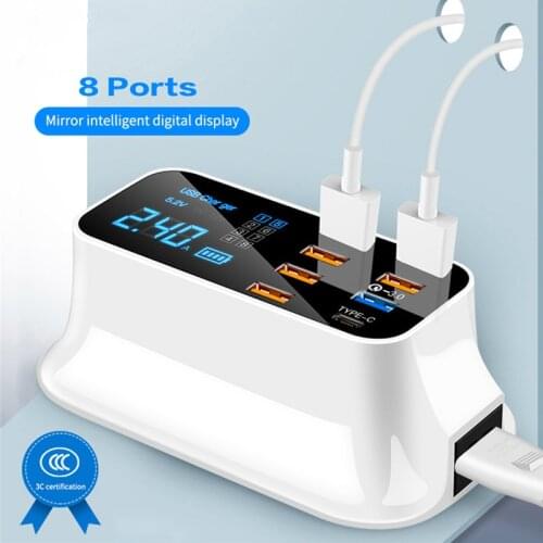 New Multi Quick Charge 3.0 40W 8-Port USB Charger /Type C Charger Smart LED Display USB Fast Charging Adapter for Phone Tablet