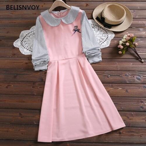 Japanese Preppy Style Autumn Spring Women Mini Dress Peter Pan Collar Pink Navy Blue Femme Robe Bow Striped Kawaii Student Dress