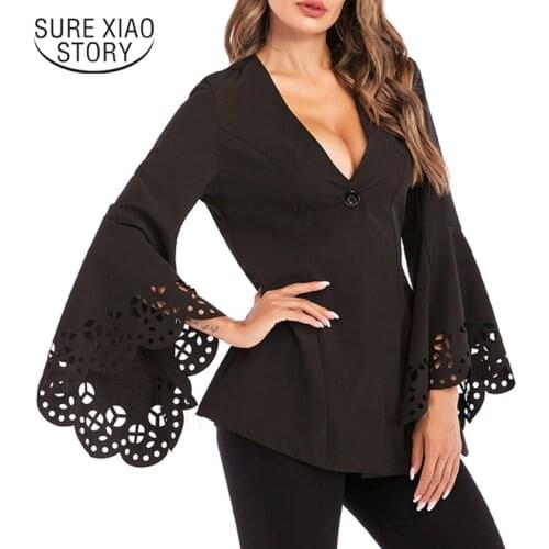 Sexy Stylish All Matched Black Shirt Womens Deep V-neck Long Sleeve Hollow Pattern Front One Button Blouse Blusas Mujer 10302