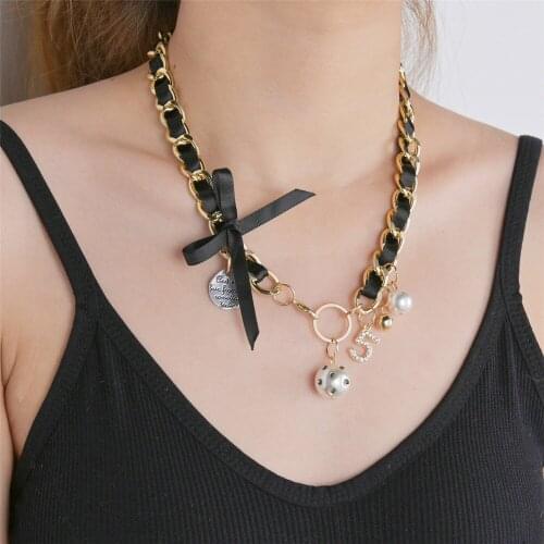 Woven Pearl Necklace Female Black Leather Woven Bow Number 5 Temperament Cool Sweater Chain