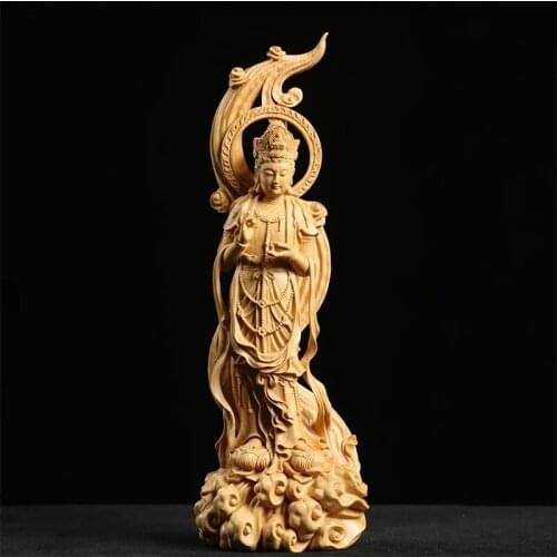 Boxwood 21cm Guanyin Sculpture Wood Carving Worship Buddha Statue Home Decor