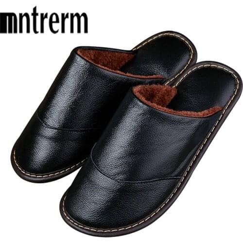 Mntrerm Men Winter Warm Home Slippers Couple Thick Plush Non-slip House Shoes Men Indoor Floor Bedroom Genuine Leather Slippers