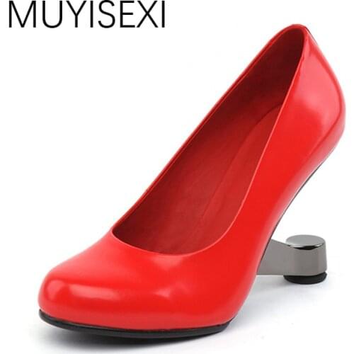 High Shoes Heel Women Shoes Pumps Strange Metal High Heel Slip On Genuine Leather High Heel Shoes Red Apricot HL58 MUYISEXI