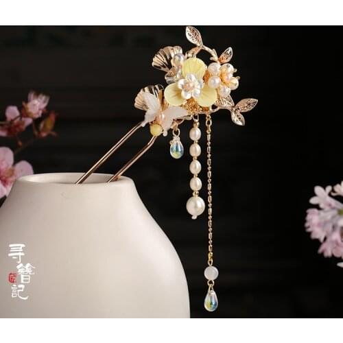 Original Handmade Hanfu Kanzashi Hair Ornaments Yellow Shell Flower Ginkgo Pearl Tassel Hair Accessories Hair Stick Headdress