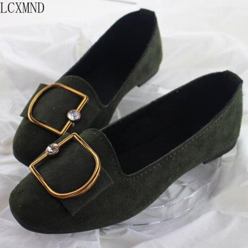 Flat Shoe Female 2021 Autumn Winter Female Shoe New Recreational Rhinestone Buckle Square Head Adds Pile Single Shoe Big Size