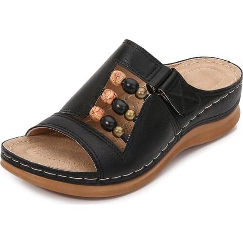 Bohemian Retro Beaded Women Slides Open Toe Roman Shoes Ladies Wedge Sandals Shoes Plus Size 40 42 43 Female High Heels Slippers