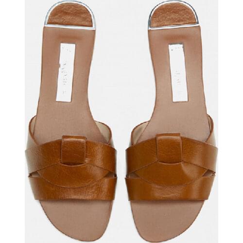 ZAR Slippers Women Summer Luxury 2021 New Brown Cross Leather Flat Sandals Brand Woman Beach Shoes Plus Size 40 Chaussure Femme