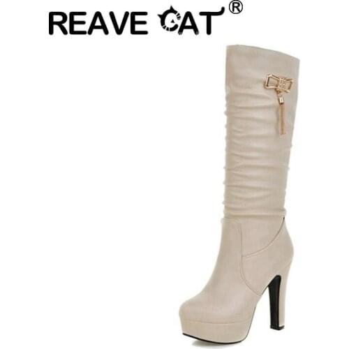 REAVE CAT Winter Ladies Knee High Boots Bowtie Pleated Round Toe Slip On 12CM Platforms Spike Heel US13 White Black Beige A4209