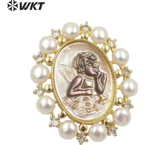 WT-JP278 New Gorgeous fashion gold bezel micropave CZ setting white pearl Angel pendant Women religious christian Angel shell