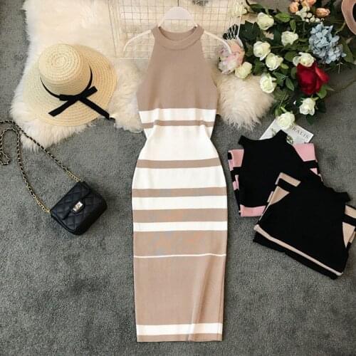 2019 summer womens hanging neck knit long dress round neck stripes hit color waist slim slim ming knit long dress office lady