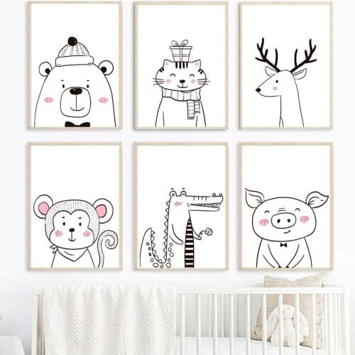 Animal Bear Cat Deer Monkey Crocodile Pig Wall Art Canvas Painting Nordic Posters And Prints Wall Pictures Baby Kids Room Decor
