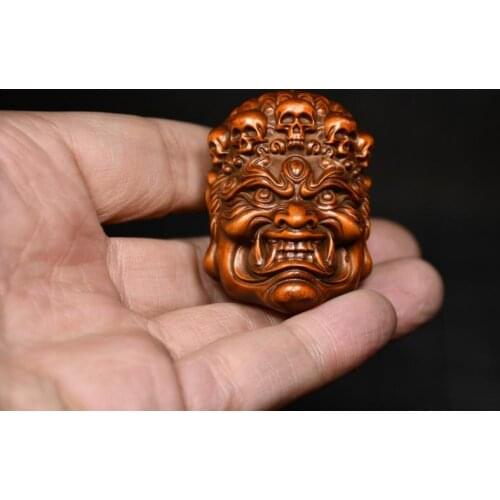 2" China Collection Old Boxwood Skull Head Water Grass Ma Ming Wang Buddha Head Buddha Statue Engraved skull head Mahakala head