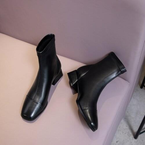 2021 Med Heels Square Toe Chelsea Boots Office Lady Winter Shoes Stretch Maiden Ankle Boots