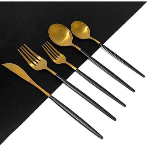 Black Handle Gold Matte 30Pcs 18/10 Stainless Steel Cutlery Set Dinnerware Set Dinner Scoop Fork Knife Teaspoon Tableware Set